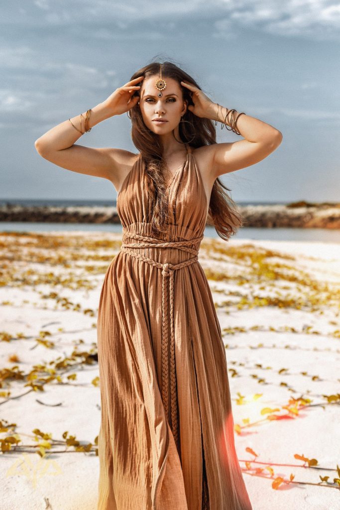 Ochre Greek Goddess Dress Bohemian Adjustable Back Boho