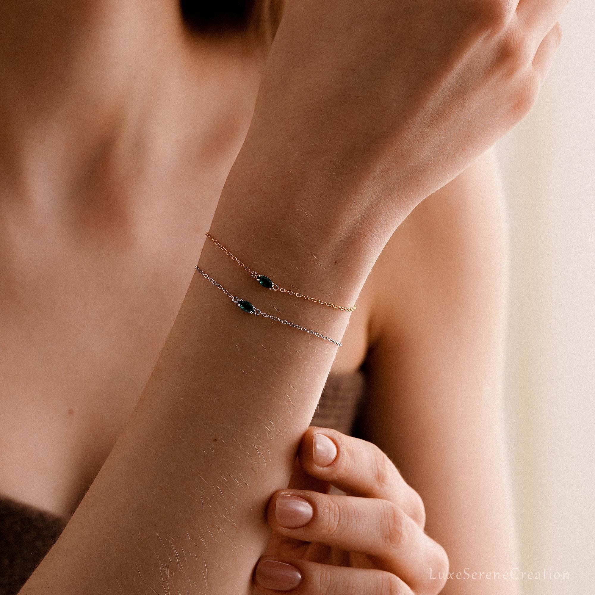 Emerald Gemstone Bracelet Marquise Zircon Chain Sterling Silver Emerald Gemstone Bracelet Marquise Zircon Chain Sterling Silver