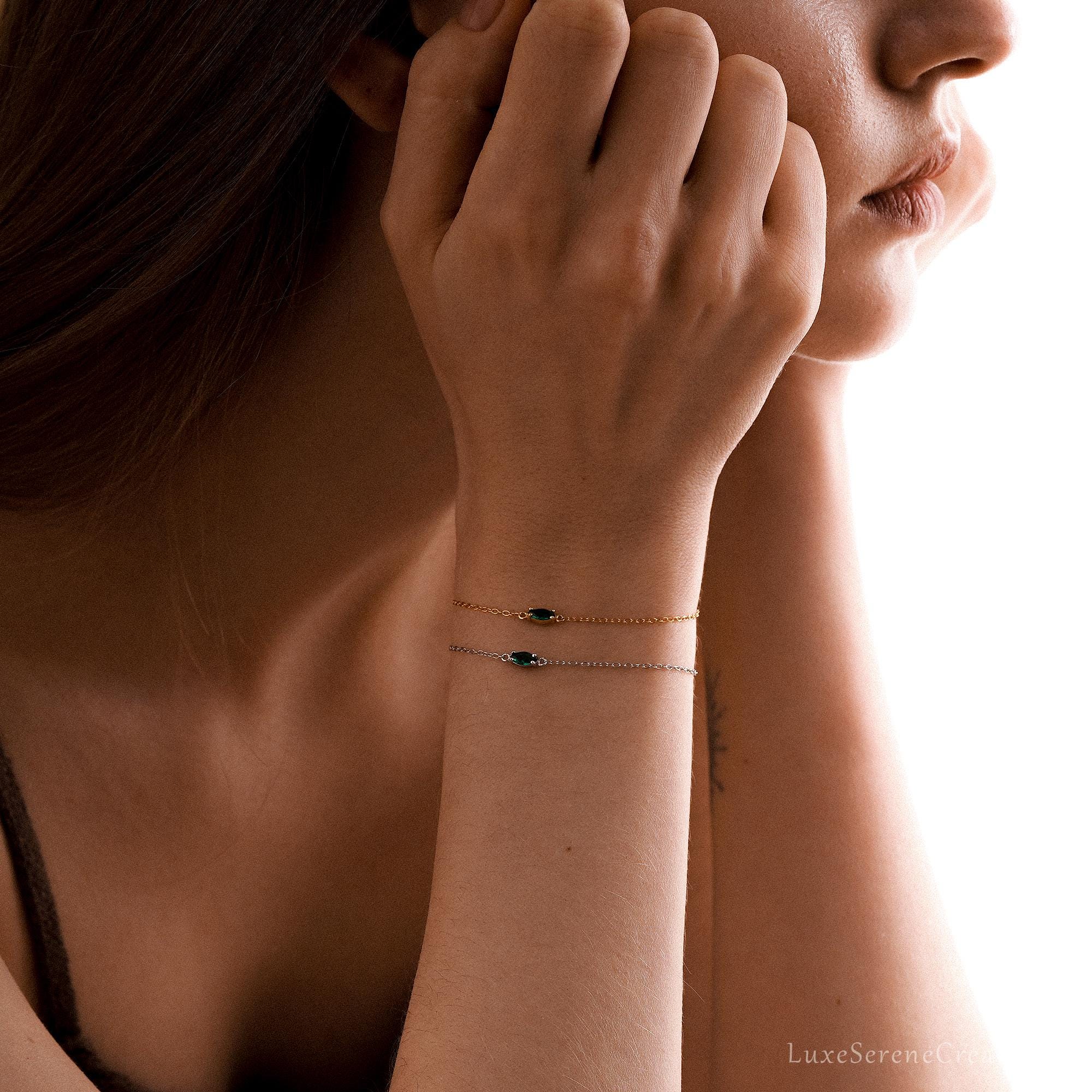 Emerald Gemstone Bracelet Marquise Zircon Chain Sterling Silver Emerald Gemstone Bracelet Marquise Zircon Chain Sterling Silver