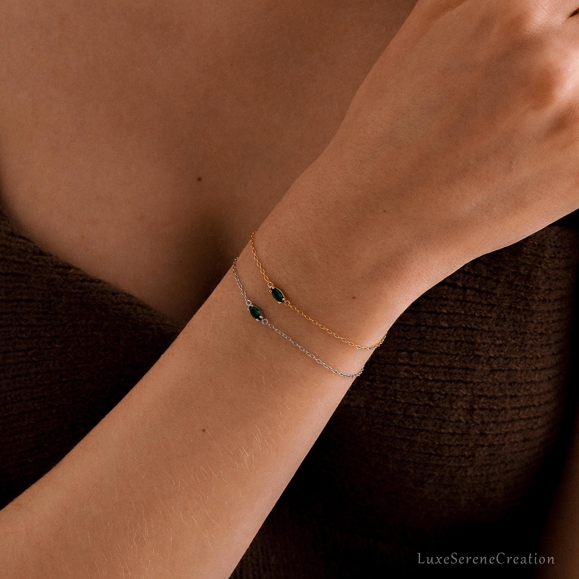 Emerald Gemstone Bracelet Marquise Zircon Chain Sterling Silver Emerald Gemstone Bracelet Marquise Zircon Chain Sterling Silver