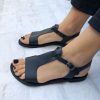 Black Leather T Strap Sandals Slingback Summer Shoes