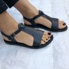 Black Leather T Strap Sandals Slingback Summer Shoes