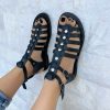 Black Sandals Leather Gladiator With Silver Studs Summer