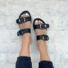 Handmade Black Leather Slide Sandals Flat Greek Summer