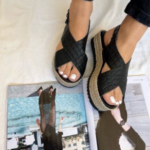 Black Leather Platform Sandals Criss Cross Wedges Espadrille