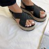Black Leather Platform Sandals Criss Cross Wedges Espadrille