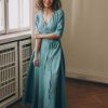 Blue Green Linen Maxi Dress Summer Wrap Elegant