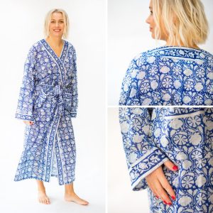 Long Hand Block Print Kimono Robe In Blue