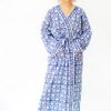 Long Hand Block Print Kimono Robe In Blue