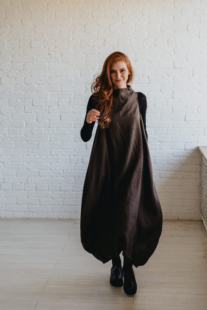 Heavyweight Linen Dress Women Balloon Style With Pockets