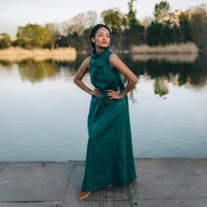 Minimalist Linen Maxi Dress Sleeveless Cowl Neck Summer